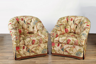 Image for Lot Pair Silk Taffeta Upholstered Barrel Club Chairs