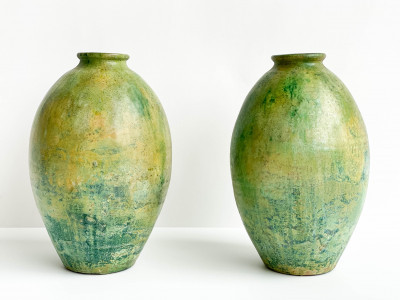 Image for Lot Pair of Chinese Green Glazed Pottery Ovoid Jars