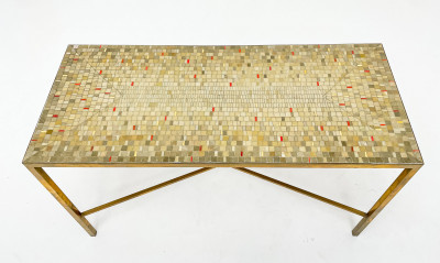 Mid-Century Modern Mosaic Tile And Brass Console Table
