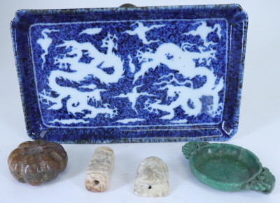 Image for Lot Low Porcelain Dragon Tray and Stone Objects