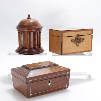 Image for Lot Antique and Rotunda Form Tea Caddies; Table Box