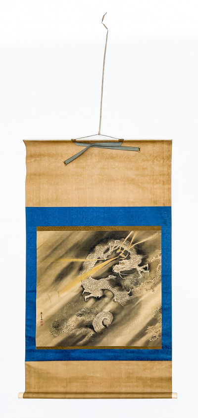 Title Japanese Hanging Scroll, Dragon Amongst Pine and Mist, Ink on Silk / Artist