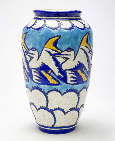 Title Boch Frères Keramis - Tall Vase with Pelican Motif / Artist