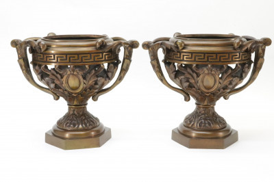 Image for Lot Pair of Neoclassical Style Oval Bronze Urns
