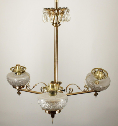 Image for Lot Victorian Brass  Etched Glass 3Light Chandelier