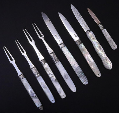 Image for Lot 19th C Silver and MOP Folding Knives and Forks