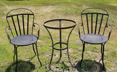 Image for Lot Pair Iron Bistro Armchairs  Table