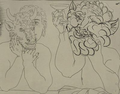 Pablo Picasso - Caisse a Remords: Jeune homme au masque de taurea, faune et profil de femme ( B.279)