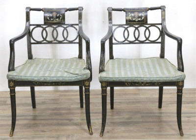 Image for Lot Pair Baker Polychromed Black Painted Armchairs