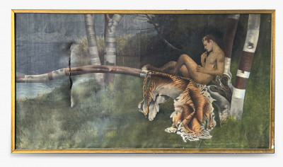 Image for Lot Artist Unknown - Man on Pelt in Landscape