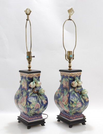 Pair of Chinese Pomegranate Porcelain Lamps