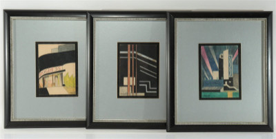 Title Three Art Deco Style Scenes Drawings On Paper / Artist