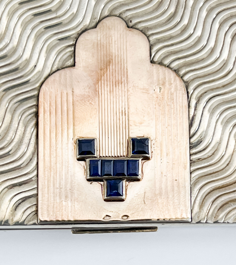 Boucheron French Art Deco Silver, Gold, And Sapphire Minaudière Compact