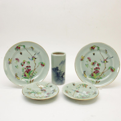 Image for Lot Four Chinese Celadon Bird Insect Plates  Vase