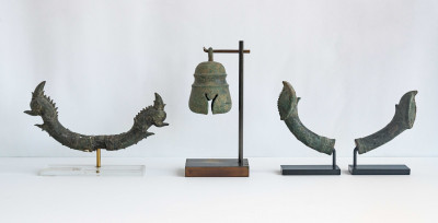 Title Two Khmer Bronze Palanquin Pole Ends and Bronze Temple Bell / Artist