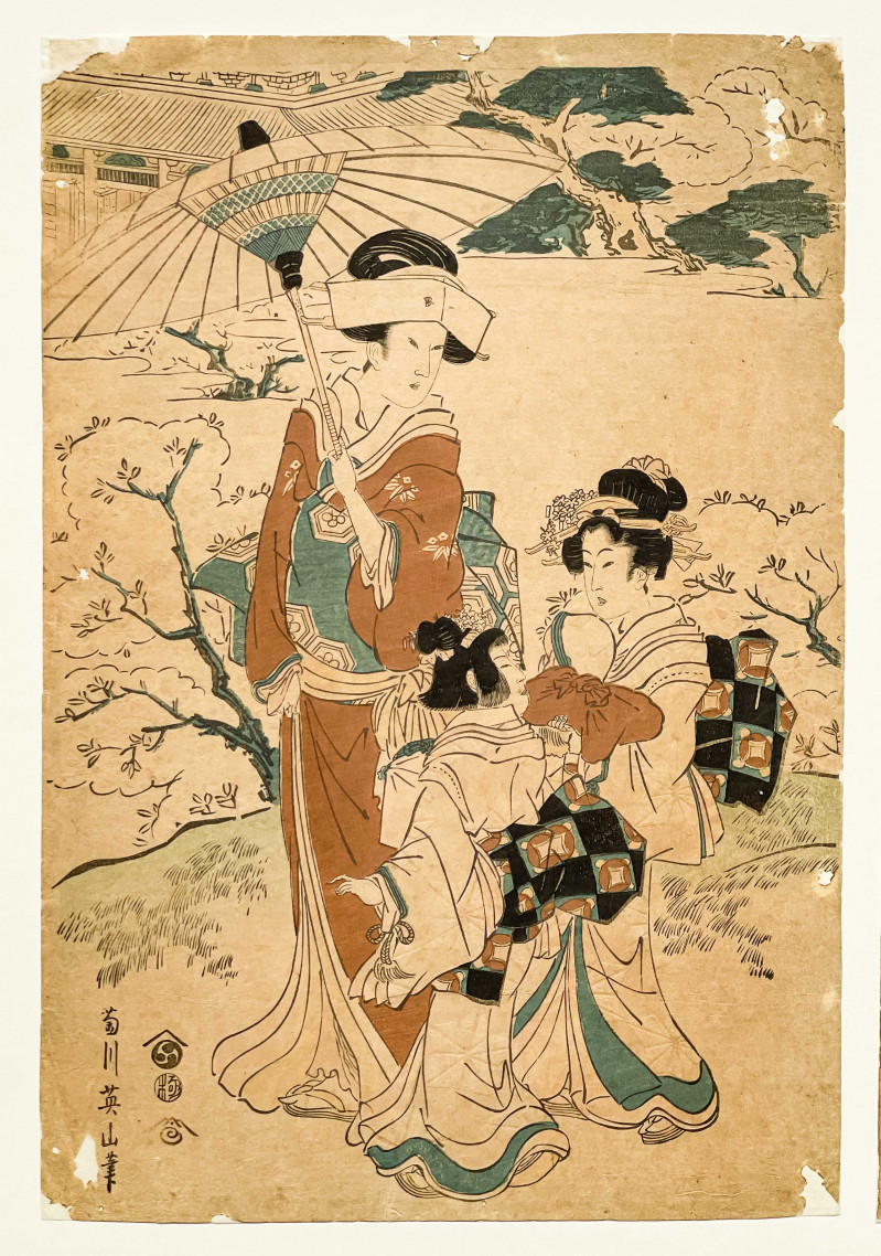 Kikugawa Eizan - Geisha and Attendants Strolling in Garden, Triptych