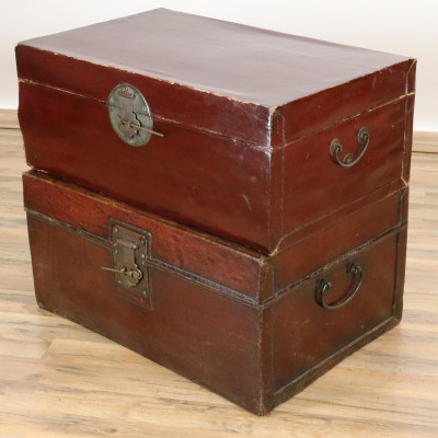 Image for Lot Two Similar Chinese Burgundy Leather Trunks