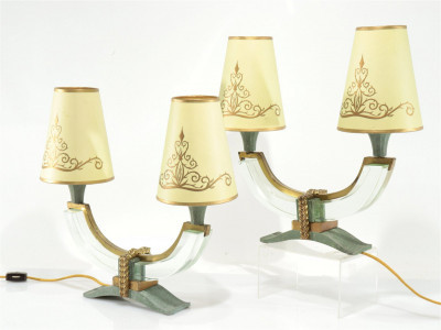 Title Pair Leon Jallot Style Gilt Metal & Glass Lamp / Artist