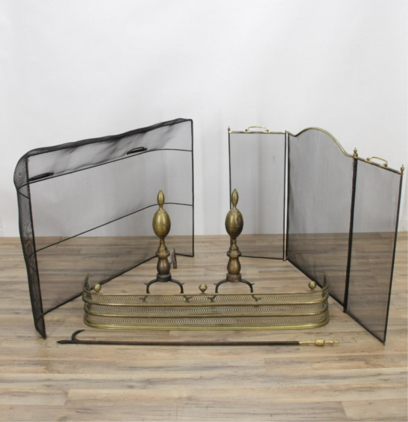 Image 1 of lot 19C Brass Andirons, Fireplace Accessories; Screen