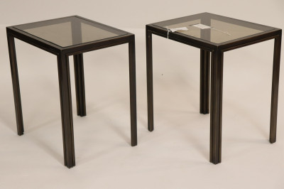 Image for Lot Pr 1970&apos;s Patinated Brass & Smoke Glass End Tables