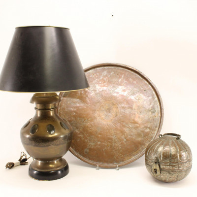 Image for Lot 19C Hammered Copper Tray, Brass Lamp, Hinged Melon