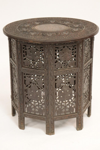 Image for Lot Burmese Style Brass Inlaid Carved Teak Side Table