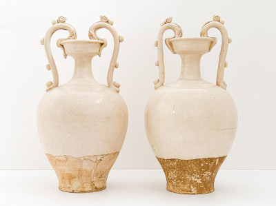 Image for Lot Pair of Chinese White Glazed Amphora with Dragon Form Handles