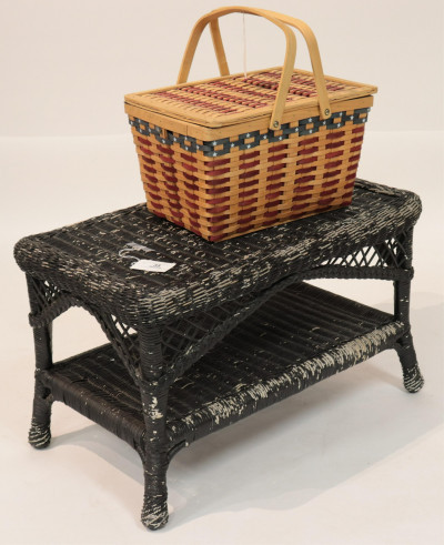 Image for Lot Rustic Wicker Table and Picnic Basket