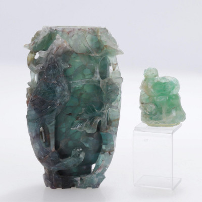 Image for Lot Chinese Carved Green Quartz Covered Urn