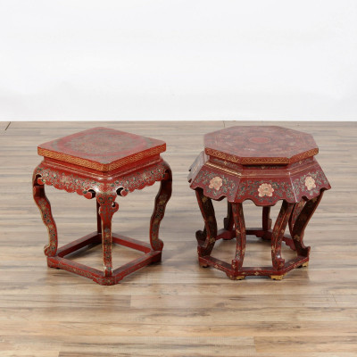 Image for Lot 2 Chinese Gilt Scarlet Lacquer Low Pedestals