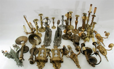 Image for Lot Group of Brass & Metal Sconces & Candlesticks