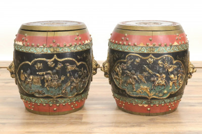Image for Lot Pair Carved Wooden Drum Containers