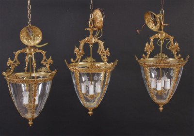 Image for Lot Set of 3 Louis XVI Style Etched Glass Lanterns