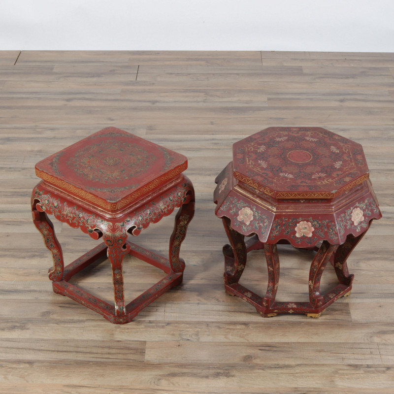 Image 2 of lot 2 Chinese Gilt Scarlet Lacquer Low Pedestals