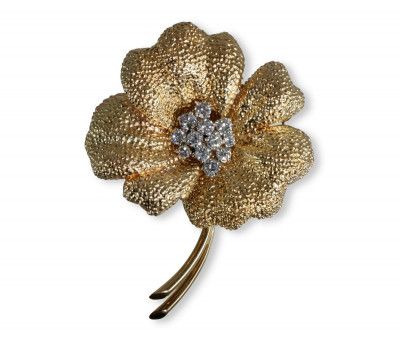 French 18K Gold and Diamond Flower Brooch