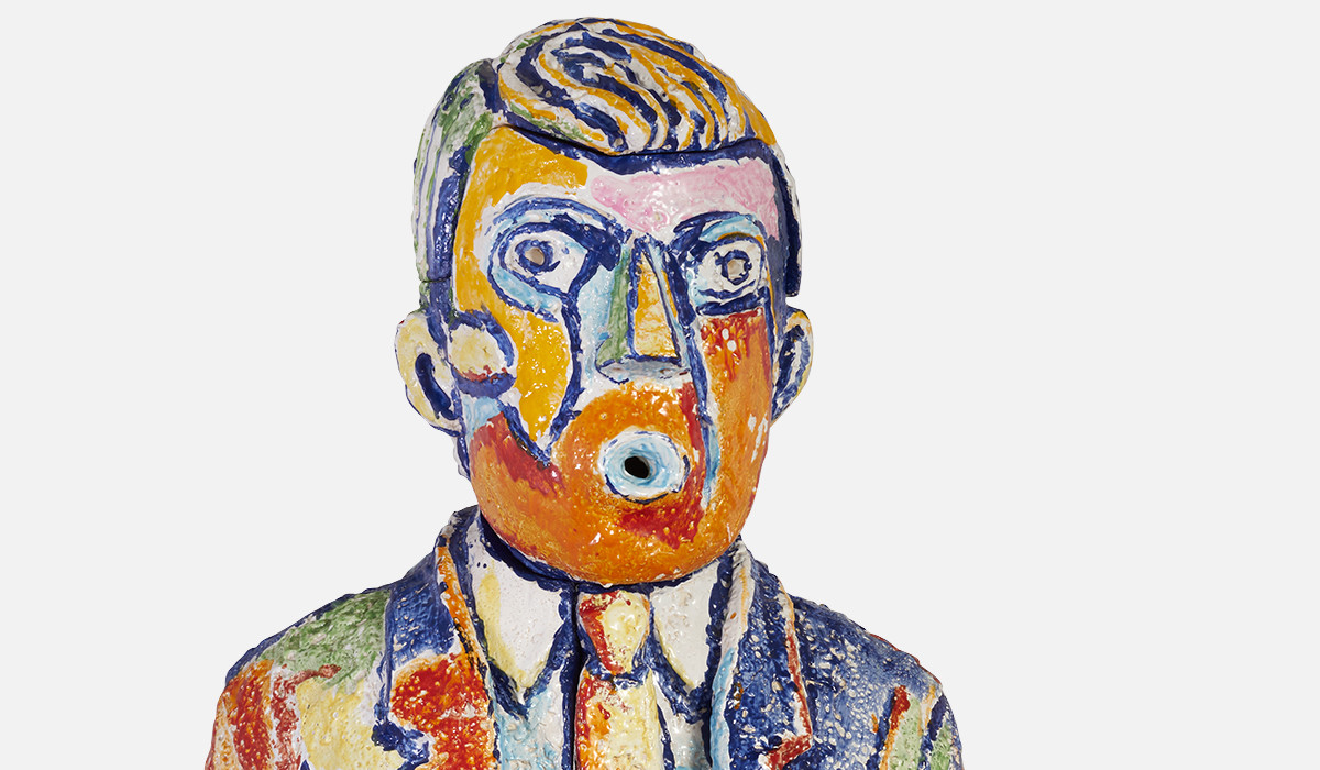 Detail of Violia Frey's ceramic and glazed sculpture, Blow Man from 1988-89