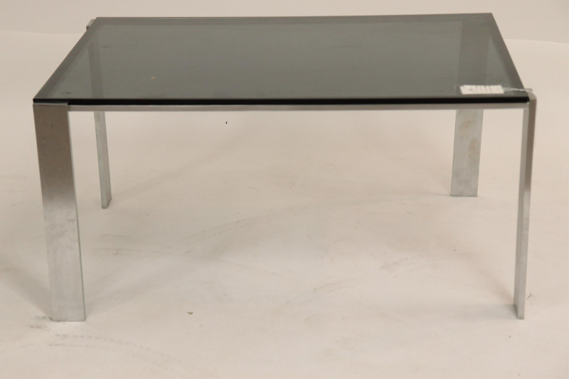 Image 1 of lot 1970's Polished Steel & Smoked Glass Coffee Table