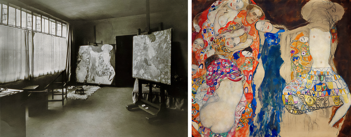Left: A photograph by Moritz Nähr, showing the artist's Vienna studio after his passing. "The Bride" is pictured to the left. Right: Klimt's "The Bride"