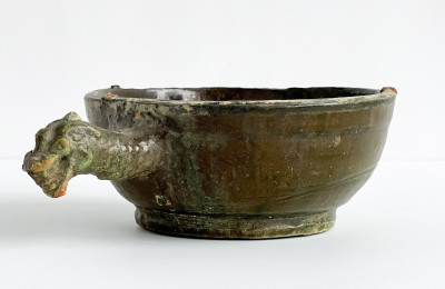 Image for Lot Chinese Green Glazed Ceramic Bowl with Dragon Form Handle