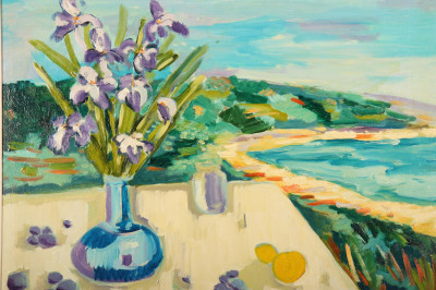Image for Lot Irises in a Blue Vase on an Outdoor Table, O/C