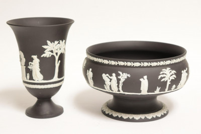 Image for Lot Wedgwood Black Basalt Pedestal Bowl & Vase