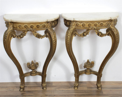 Image for Lot Pair of Louis XVI Style Giltwood Consoles