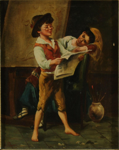 Image for Lot K. Morini - Children Reading Paper, O/C