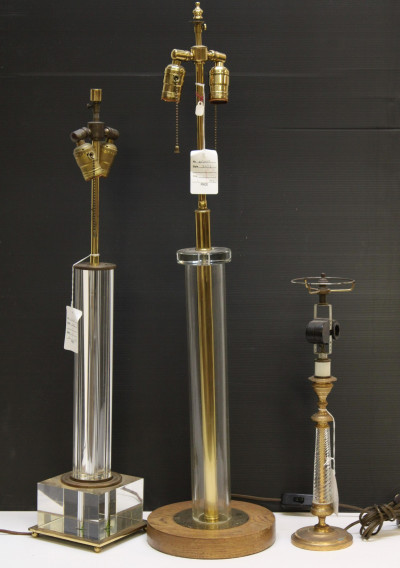 Image for Lot 3 Mid Century Glass &amp; Brass Columnar Lamps