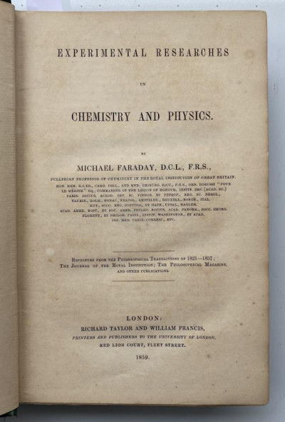 Image for Lot M. FARADAY Experimental Researches 1st ed. 1859