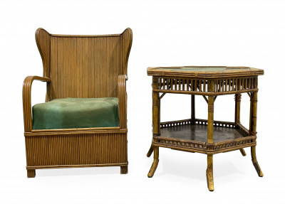 Image for Lot Rattan Armchair and Occasional Table