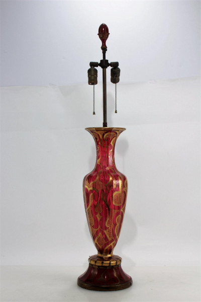 Image for Lot Art Nouveau Gilded Ruby Glass Urn as Lamp