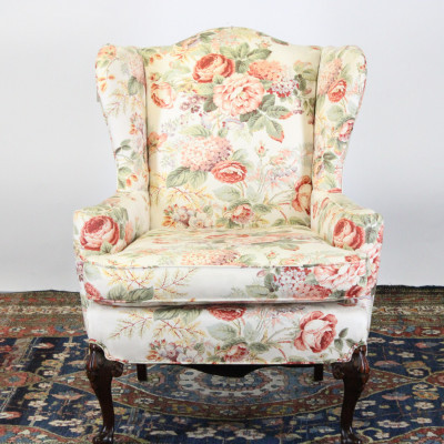 Image for Lot Queen Anne Style Floral Upholstered Wing Chair