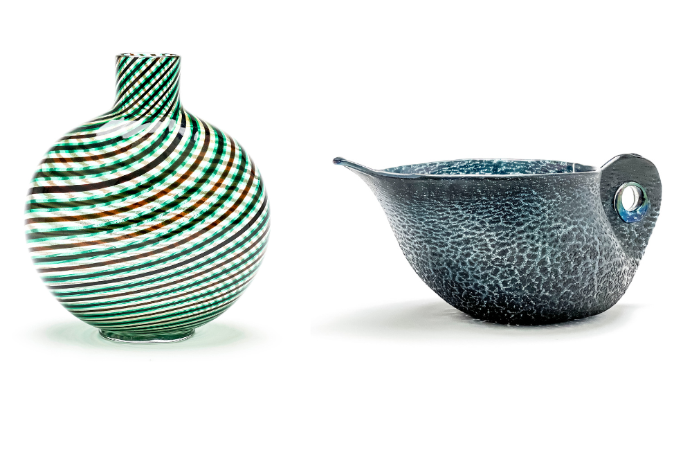 From left: Lot 71, Ercole Barovier, Spira Aurata Vase; Lot 66, Ercole Barovier, Barbarico Bowl for Barovier & Toso