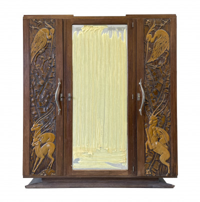 Image for Lot Art Deco Carved Wood Wardrobe with Mirror